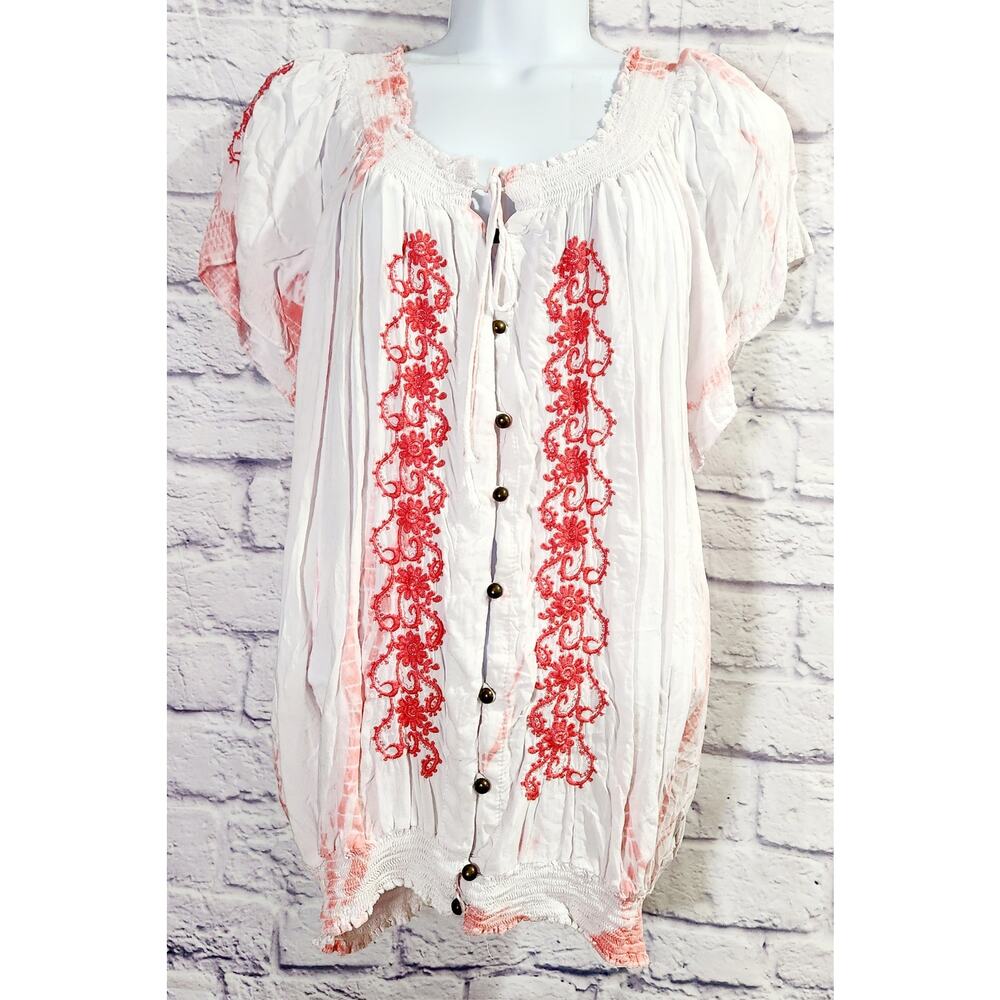 Fever White Orange Tie Dye Embroidered Top Large Banded Waist Lightweight